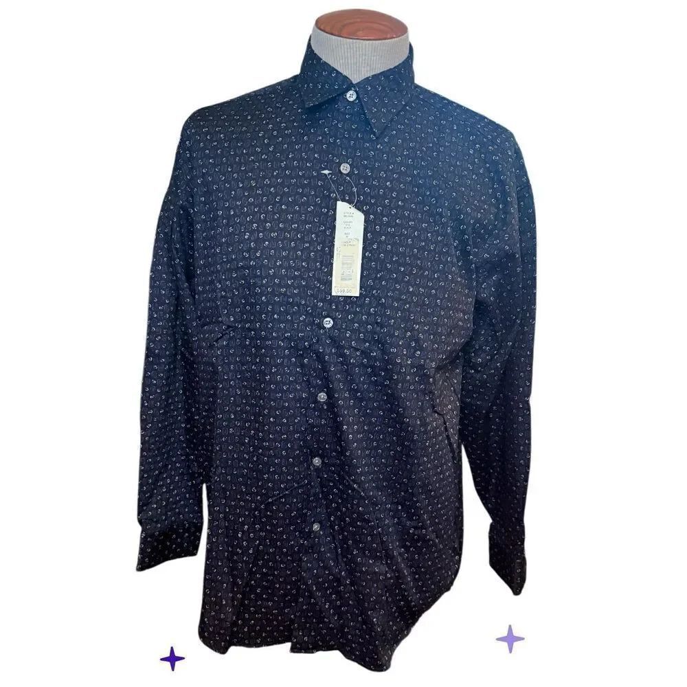 New! Perry Ellis Men’s Button Front Casual Shirt Sz. M Navy Blue Geometric Prin